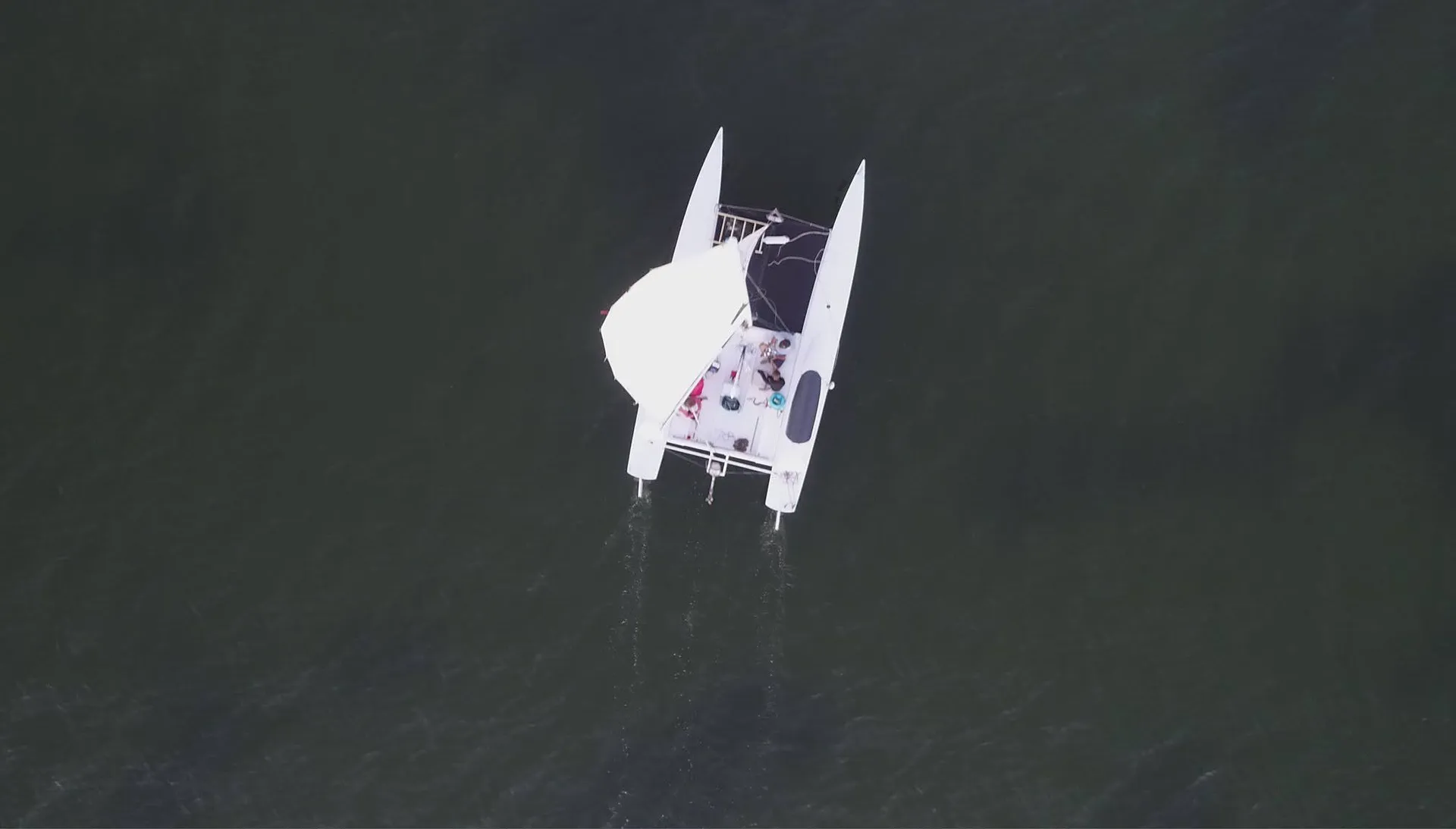 Aerial view of catamaran on the sound